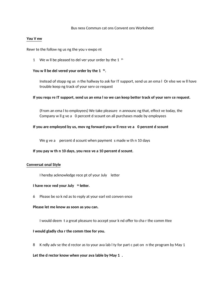 Worksheet for Communications Conventions