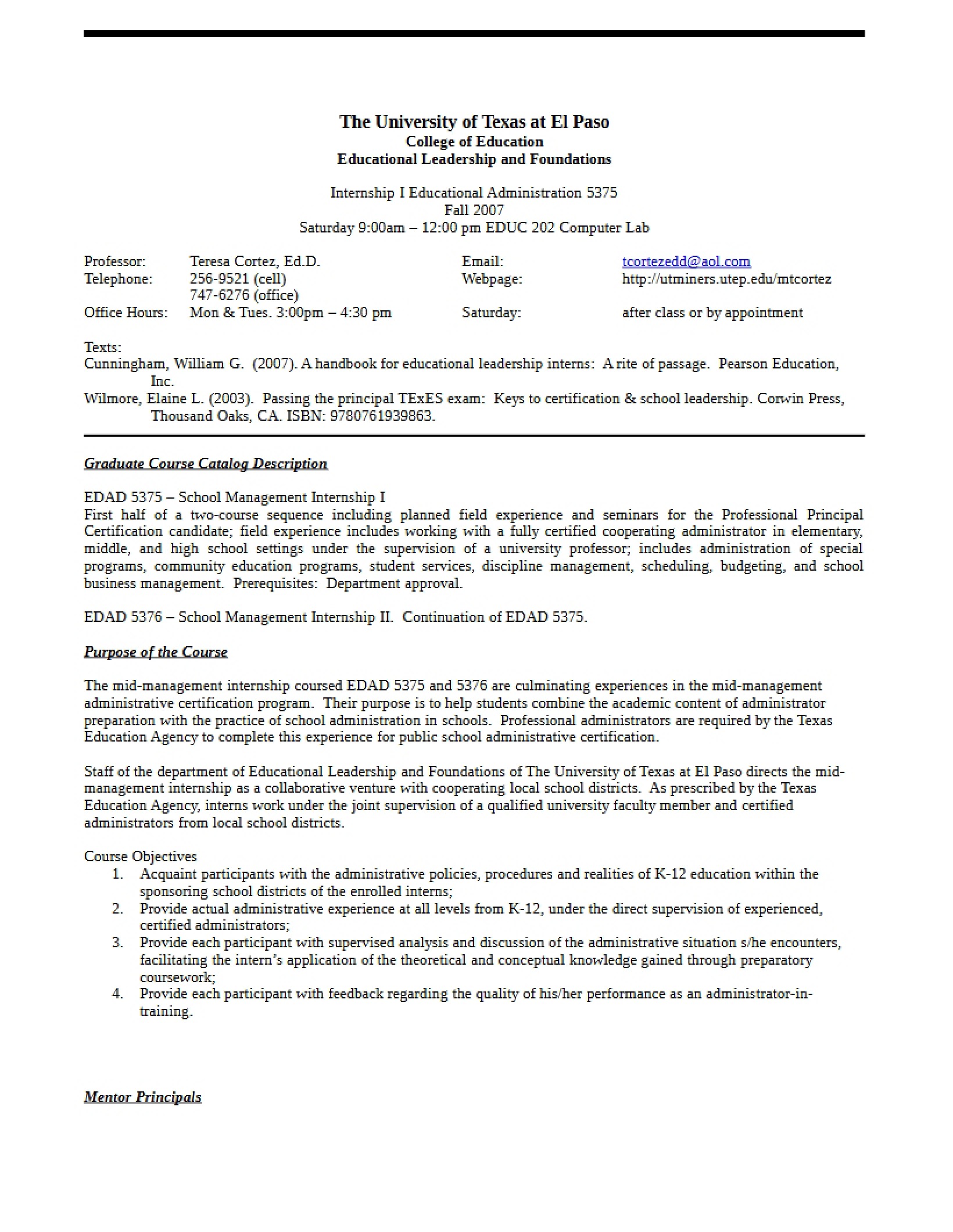 School Management Internship I Syllabus - School Management Internship I