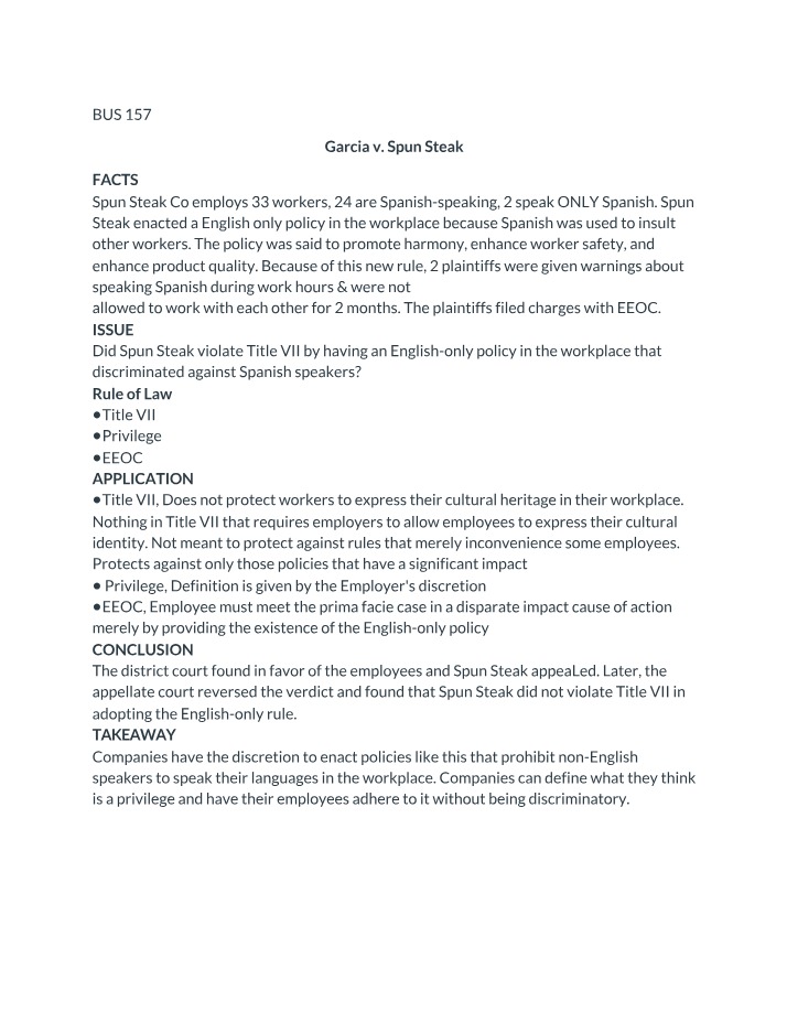 Workplace English-Only Policy - Garcia v. Spun Steak