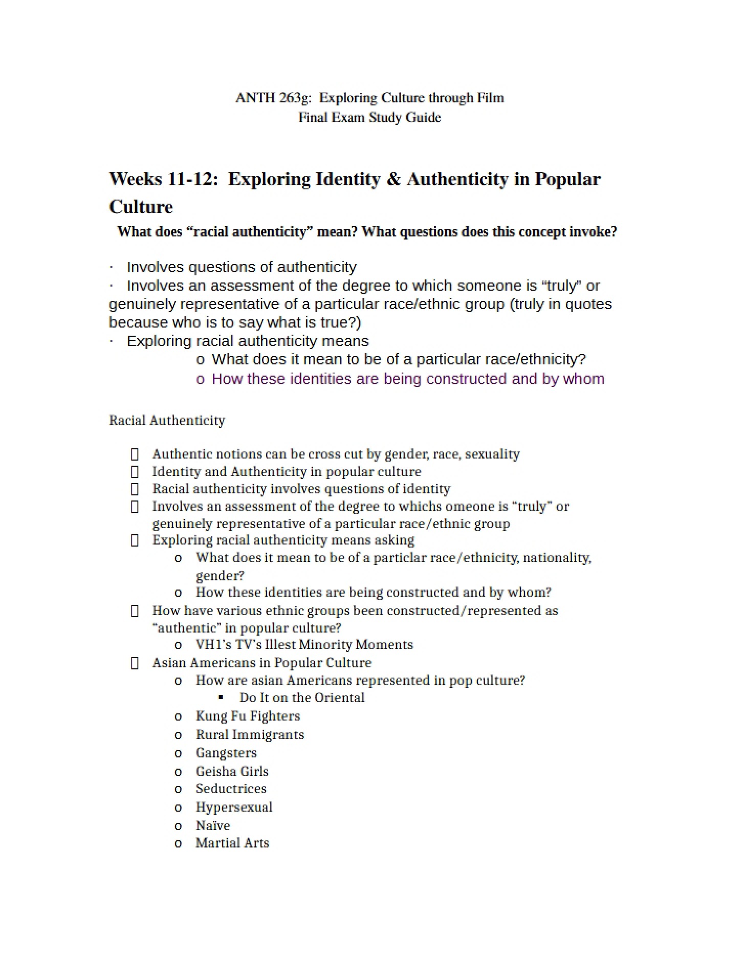 Study Guide for ANTH 263G Final
