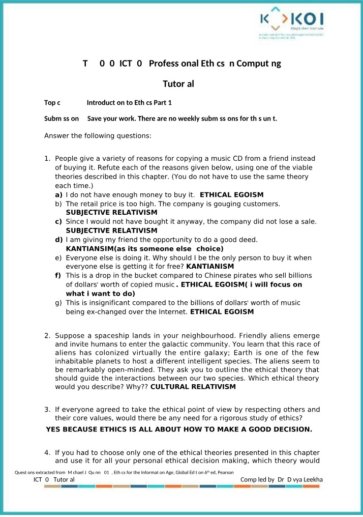 Tutorial 2 - ICT303 Professional Ethics in Computing