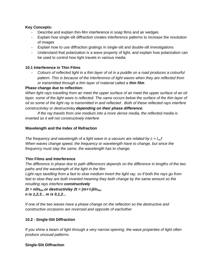 Thin-Film Interference and Diffraction Study Notes