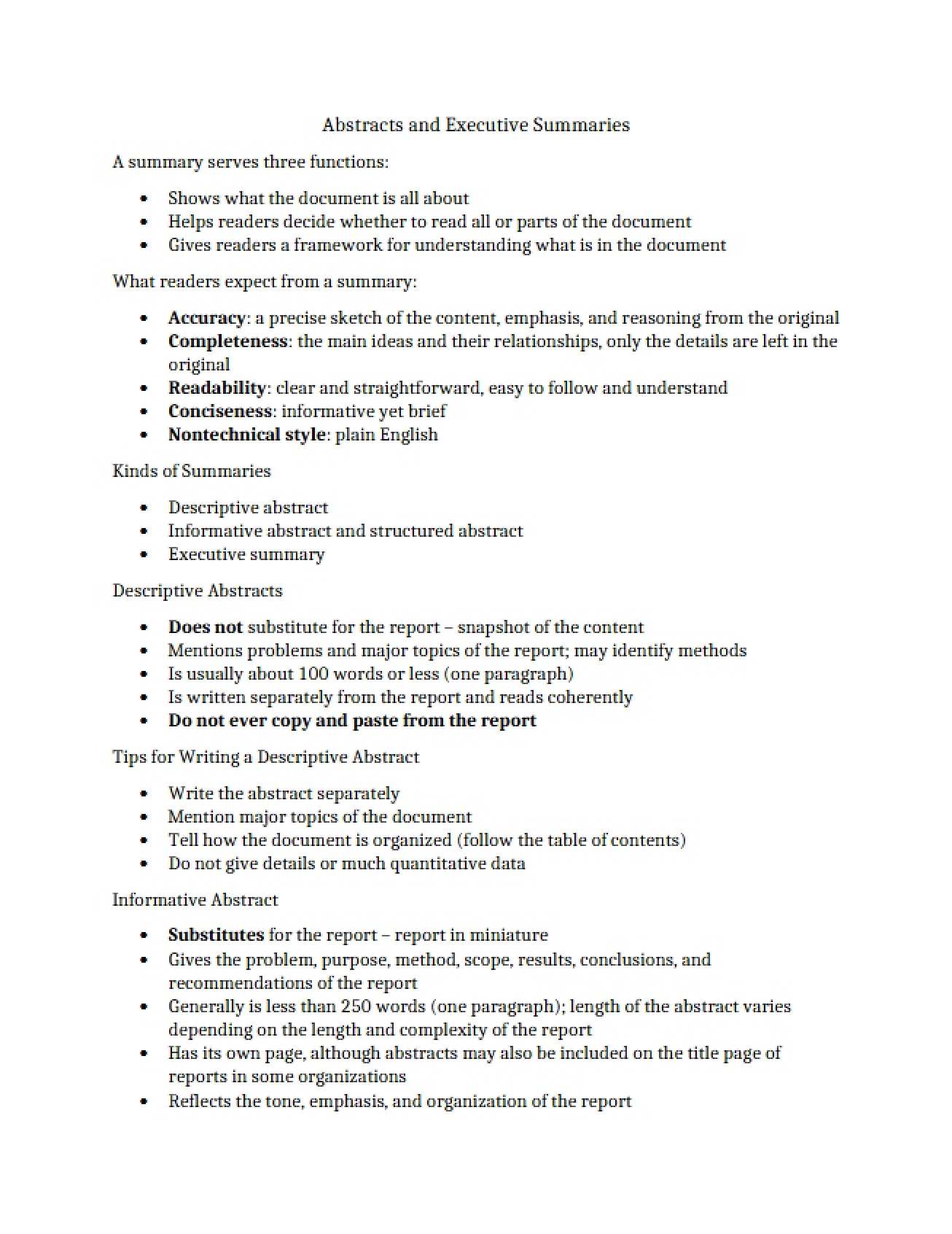Writing Executive Summaries and Abstracts