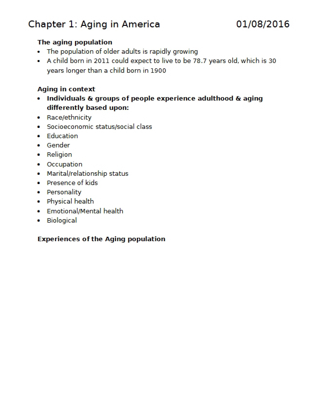 Aging in the US A Chapter One Overview