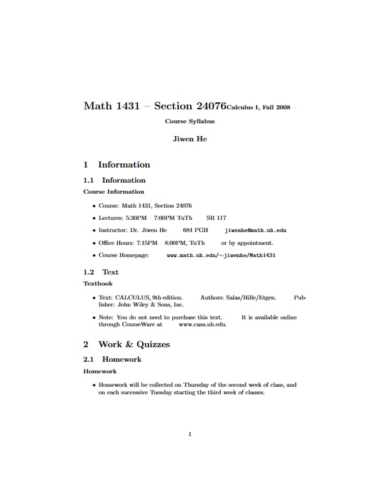 Course Syllabus Calculus I