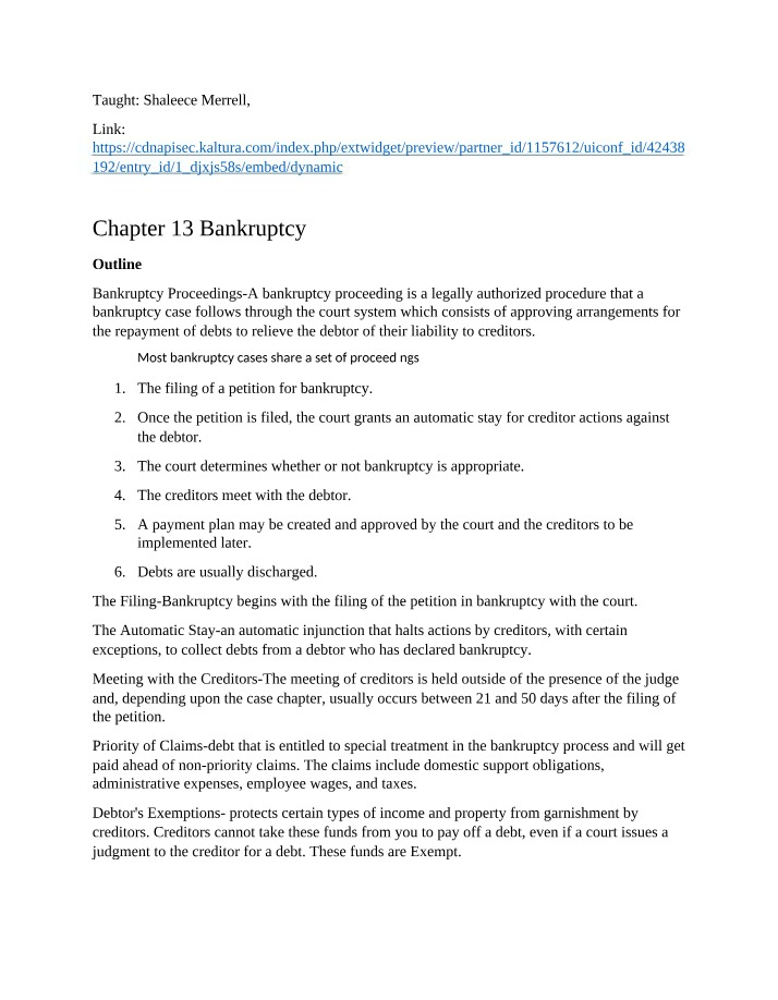 Outline for Chapter 13 Bankruptcy