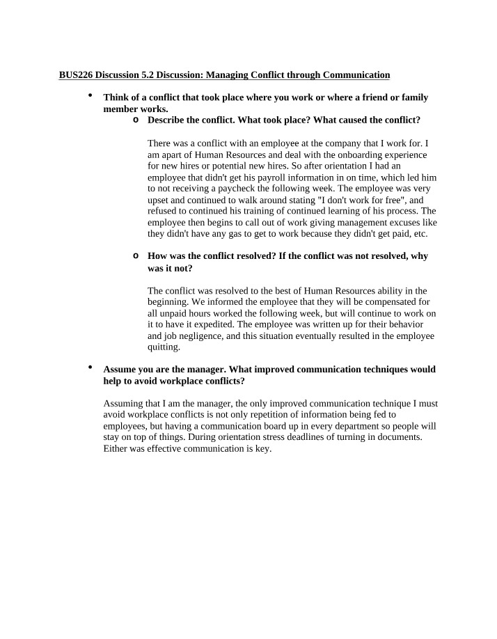 Managing Conflict through Communication - BUS226 Discussion 5.2