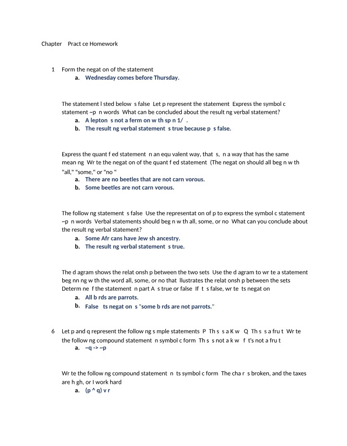 Chapter 3 Homework - Negations, Symbolic Statements, and Truth Tables