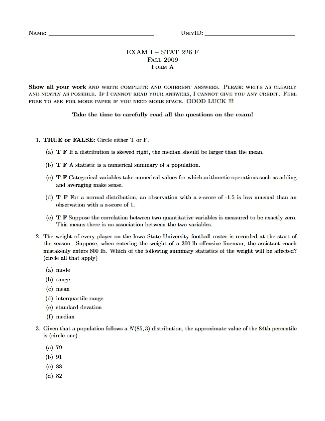 First Test, Form A, for the Business Statistics Course