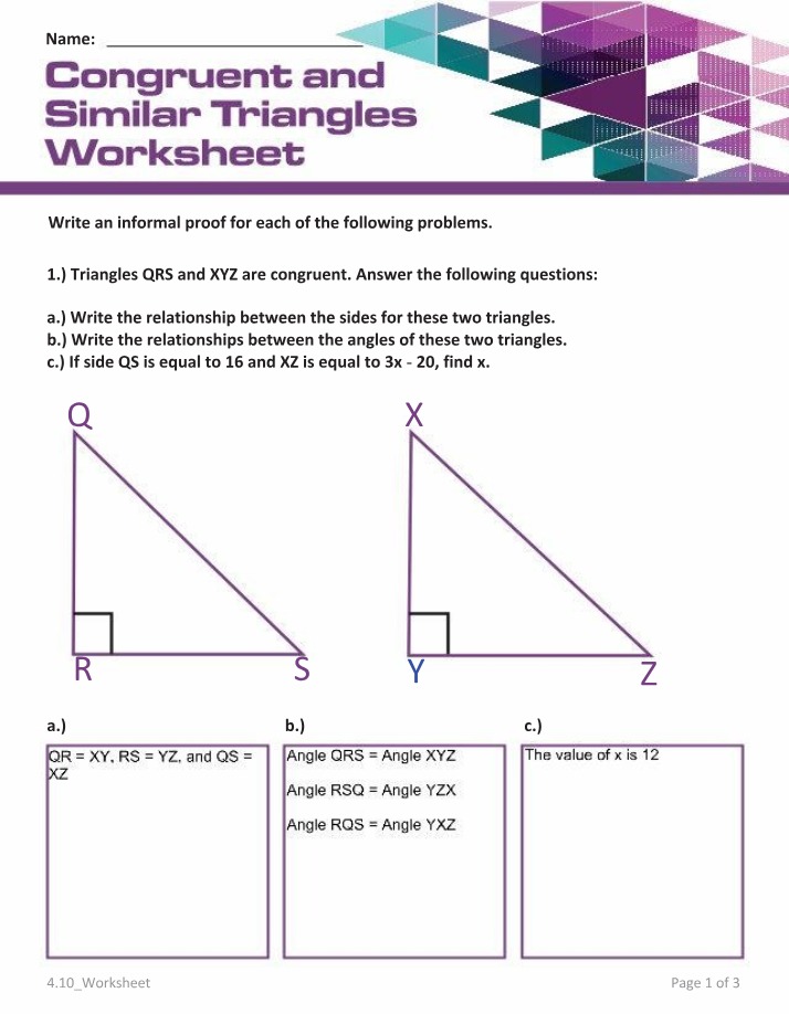 Worksheet on Congruent and Similar Triangles