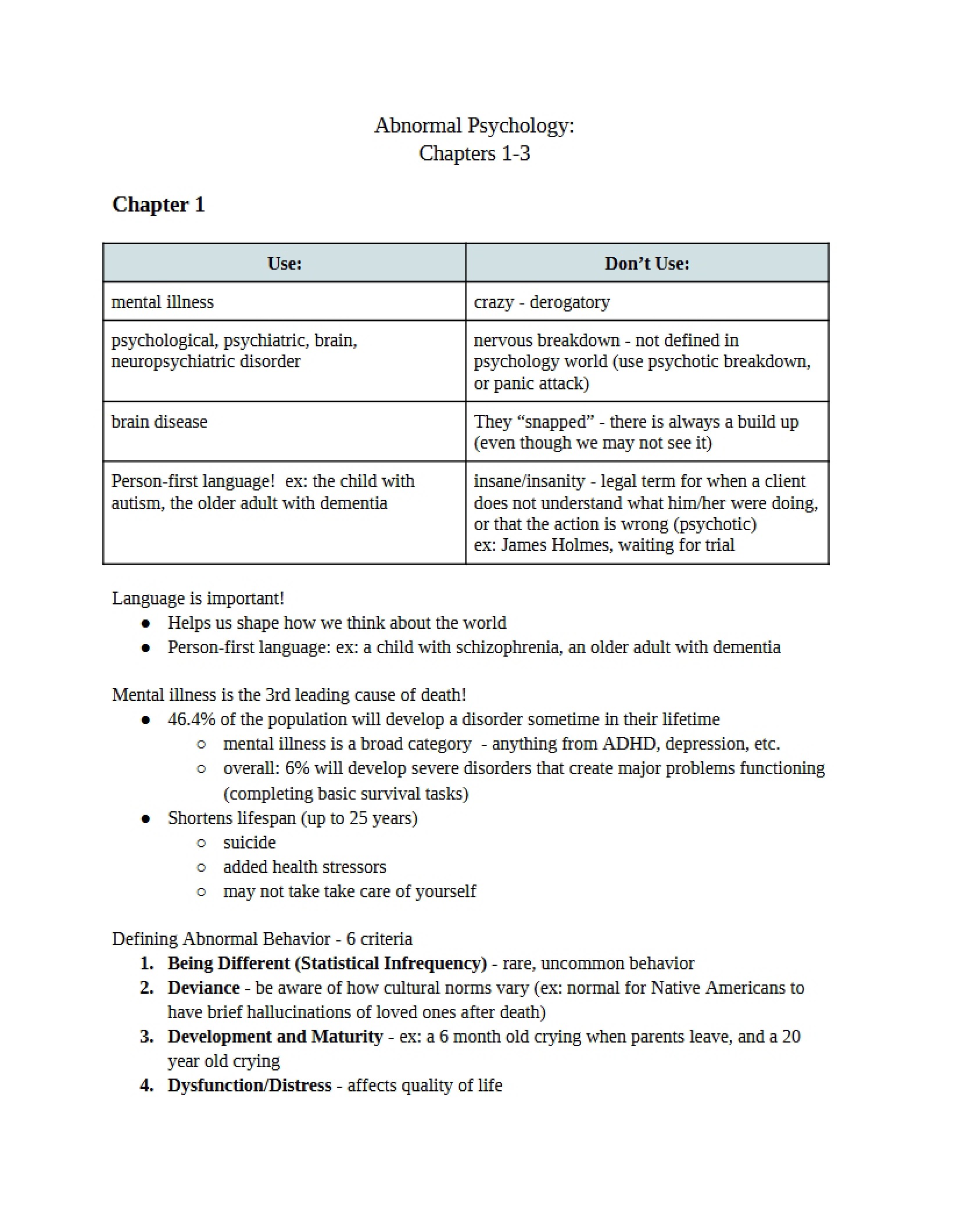 Chapters 1-3 Abnormal Psych