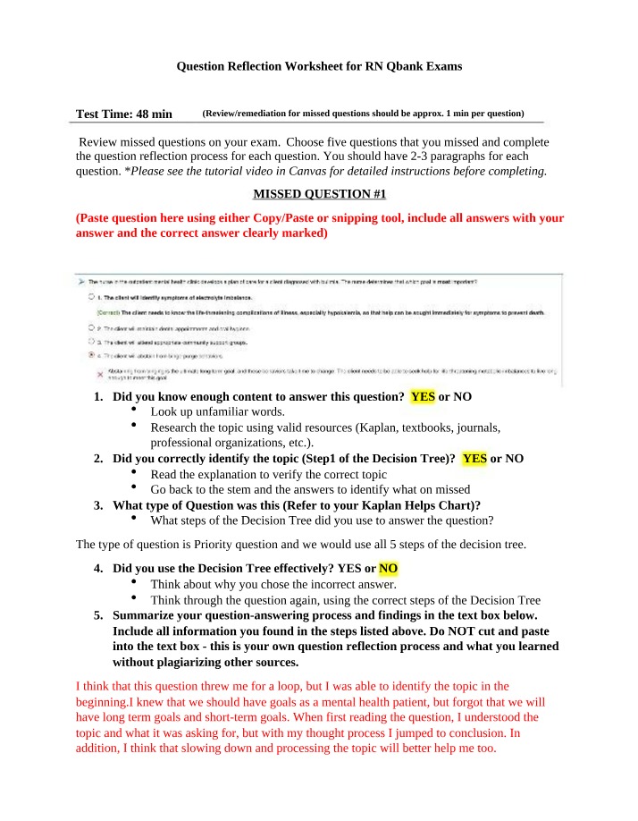 RN Qbank Exams - Question Reflection Worksheet