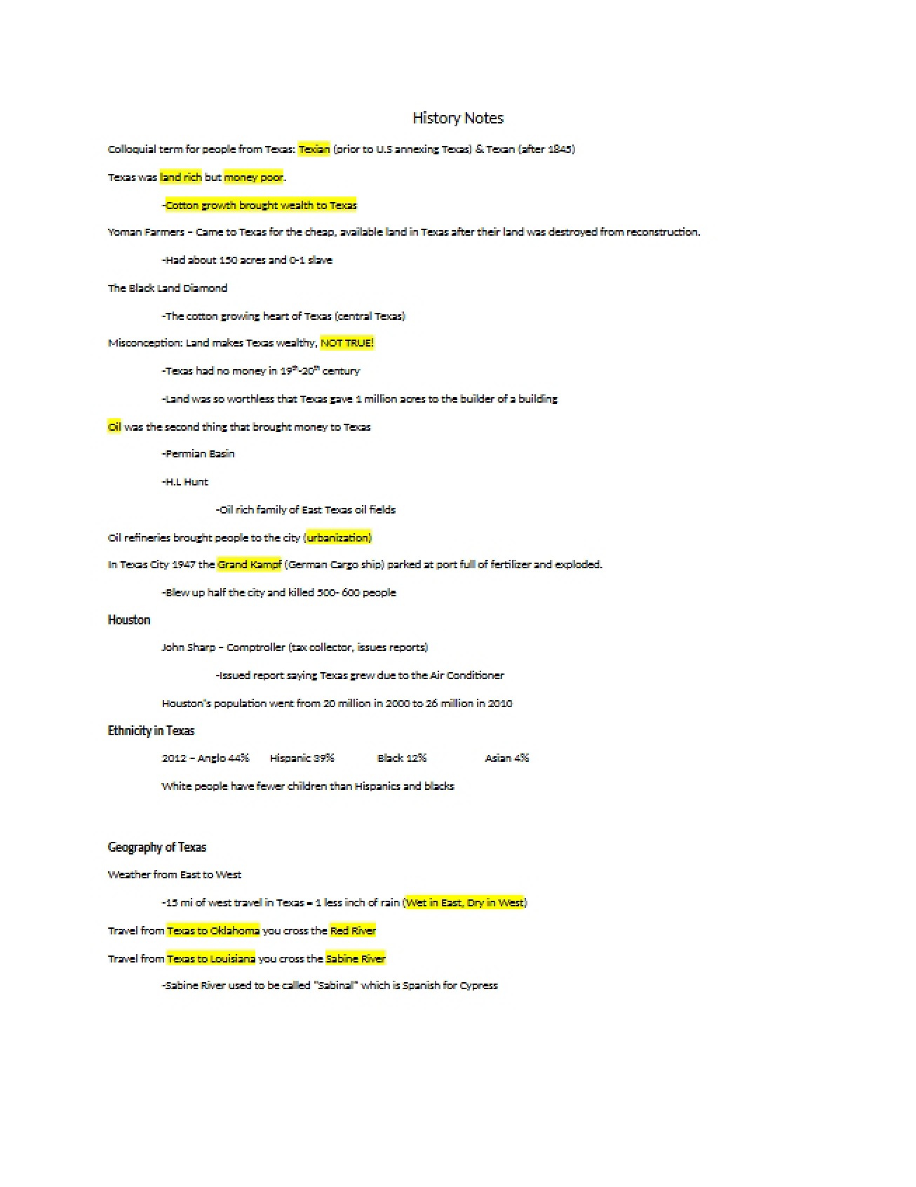 Collection of History Notes for the History of Texas