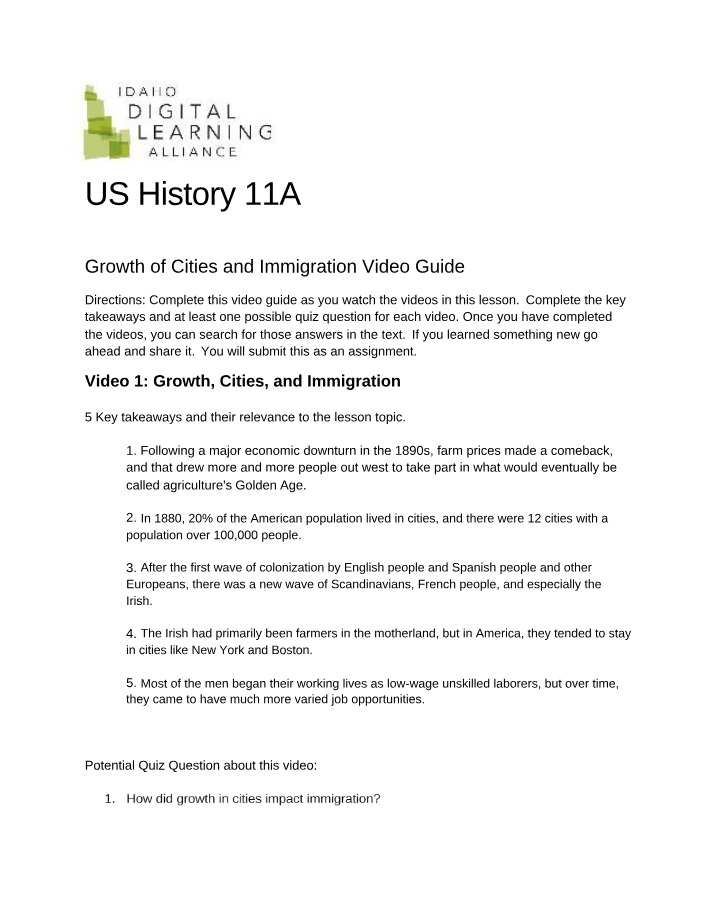 Video Guide - Growth of Cities and Immigration