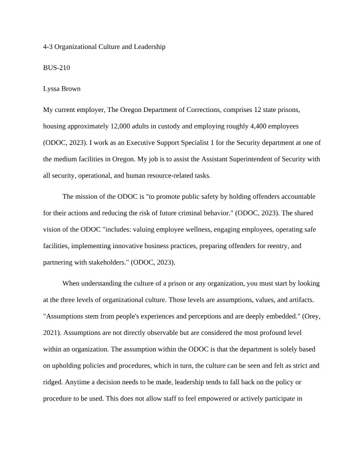 Leadership and Organizational Culture in the Oregon Department of Corrections