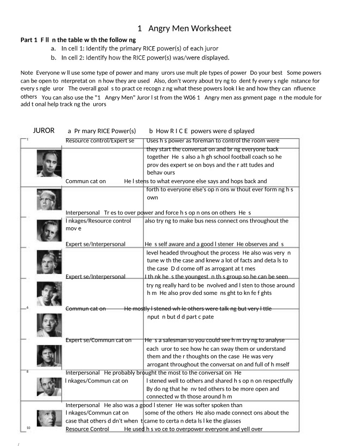 Worksheet for 12 Angry Men