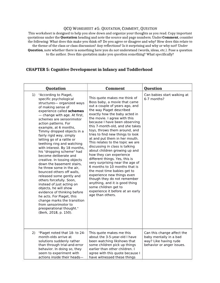 Quotation, Comment, Question Worksheet #5