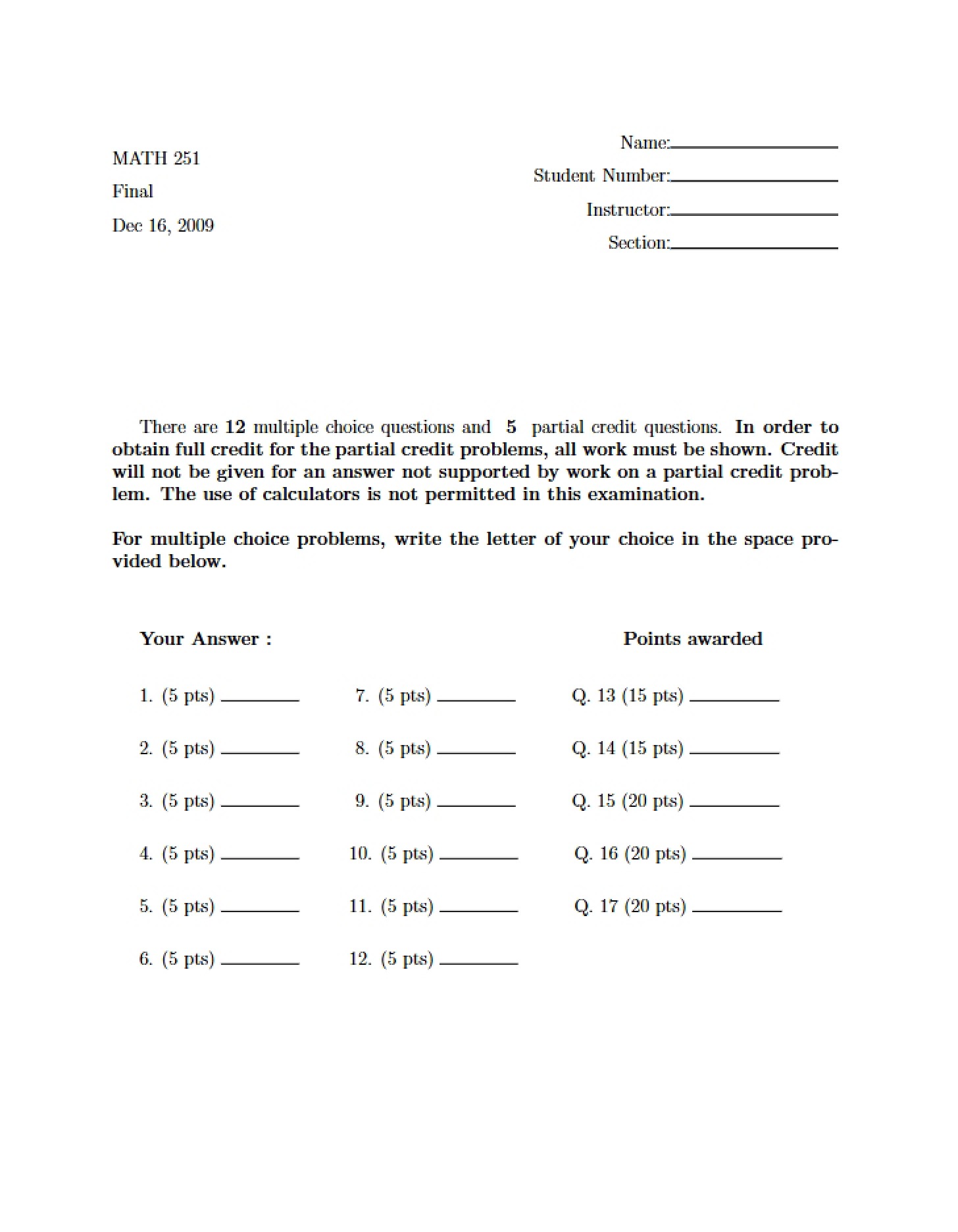Final Assessment Math 251 - 10 Pages