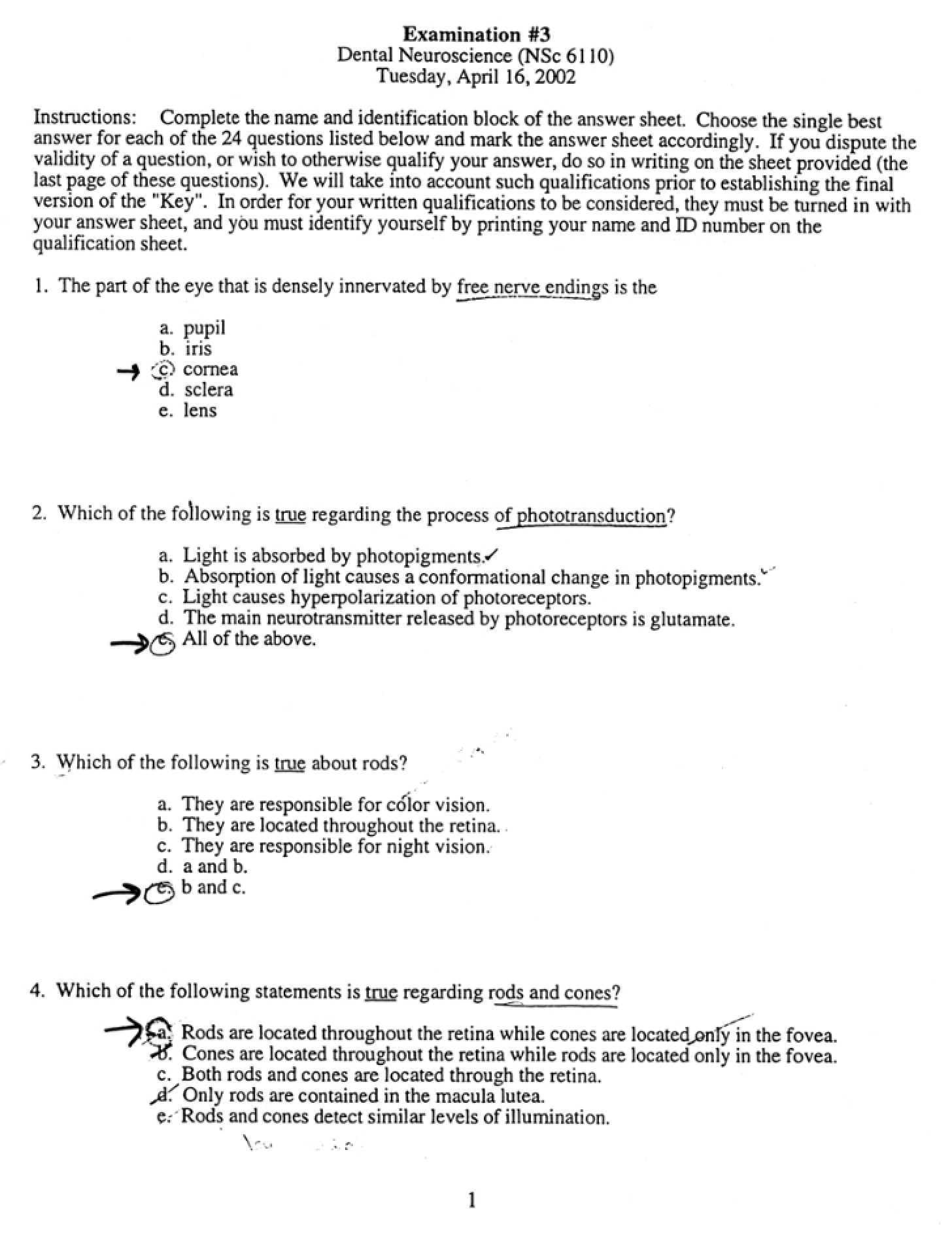 Exam 3 Key Dental Neuroscience