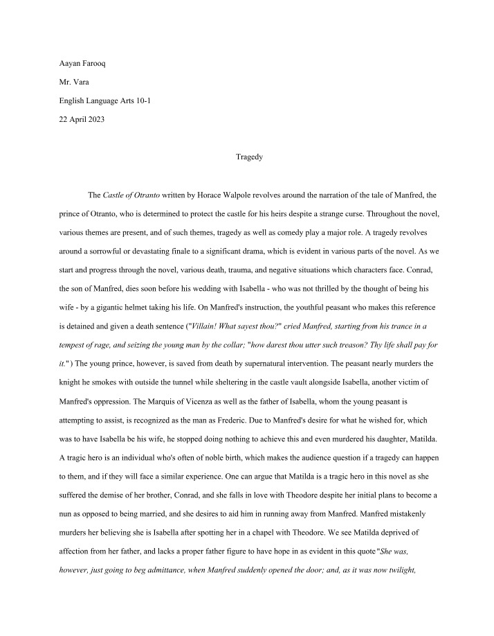 The Castle of Otranto - Tragedy Analysis