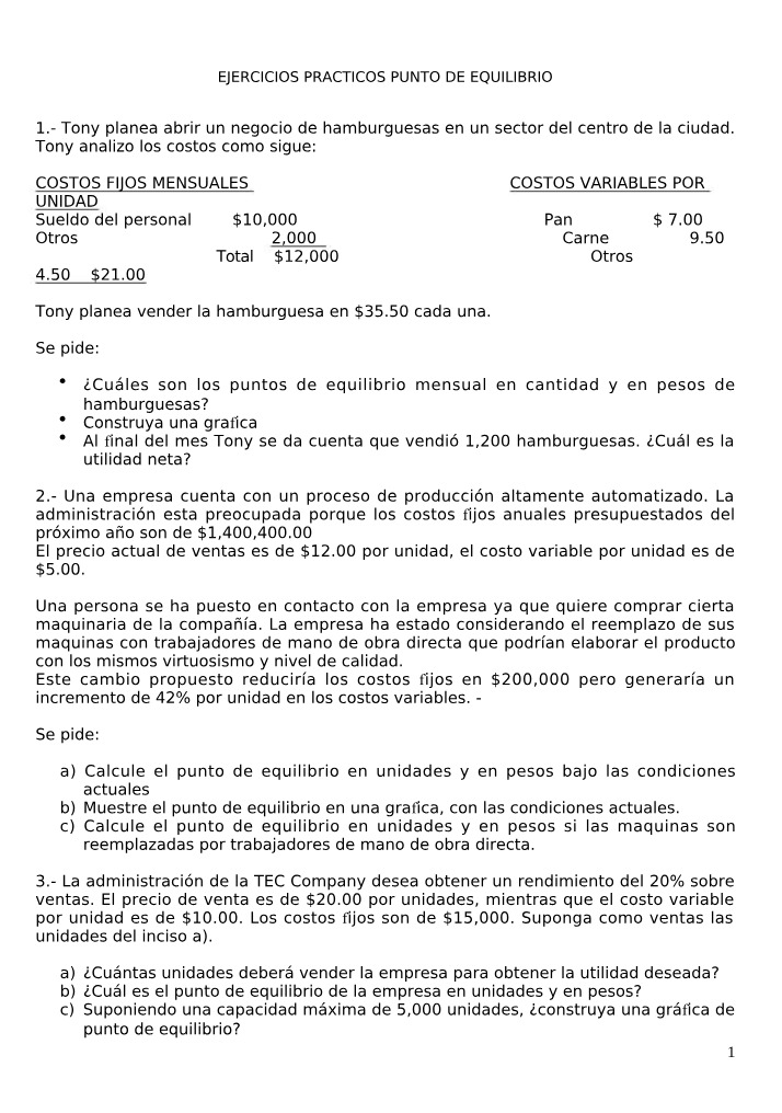 Punto de Equilibrio y Utilidad Neta - Ejercicios Prácticos