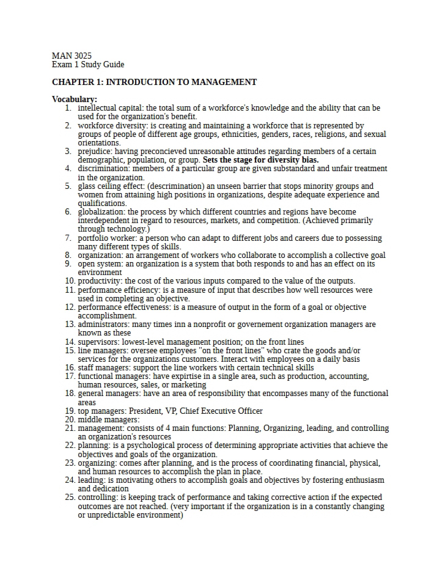 Management Introduction (Chapter 1) - MAN 3025