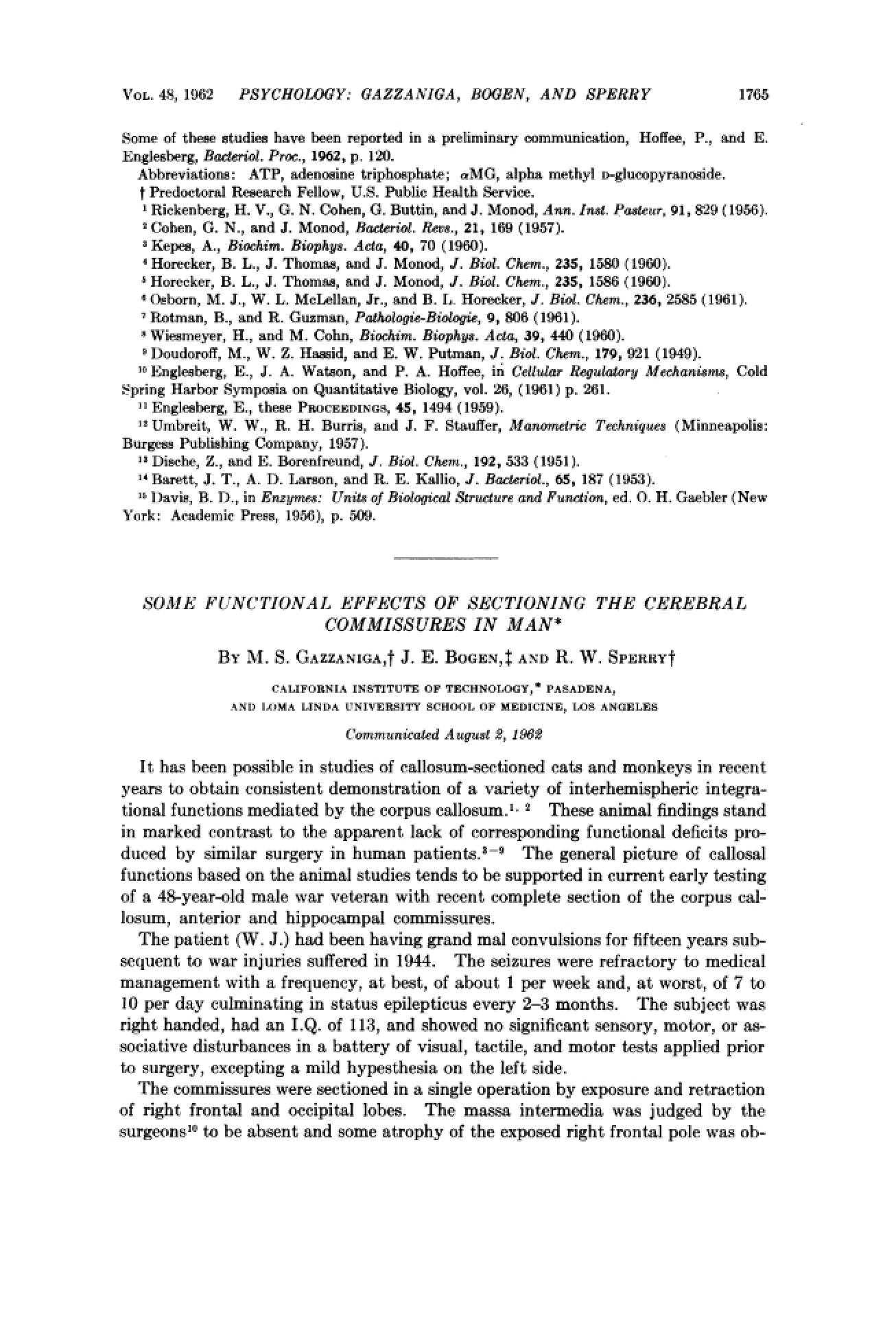 Gazzaniga (1962) Research