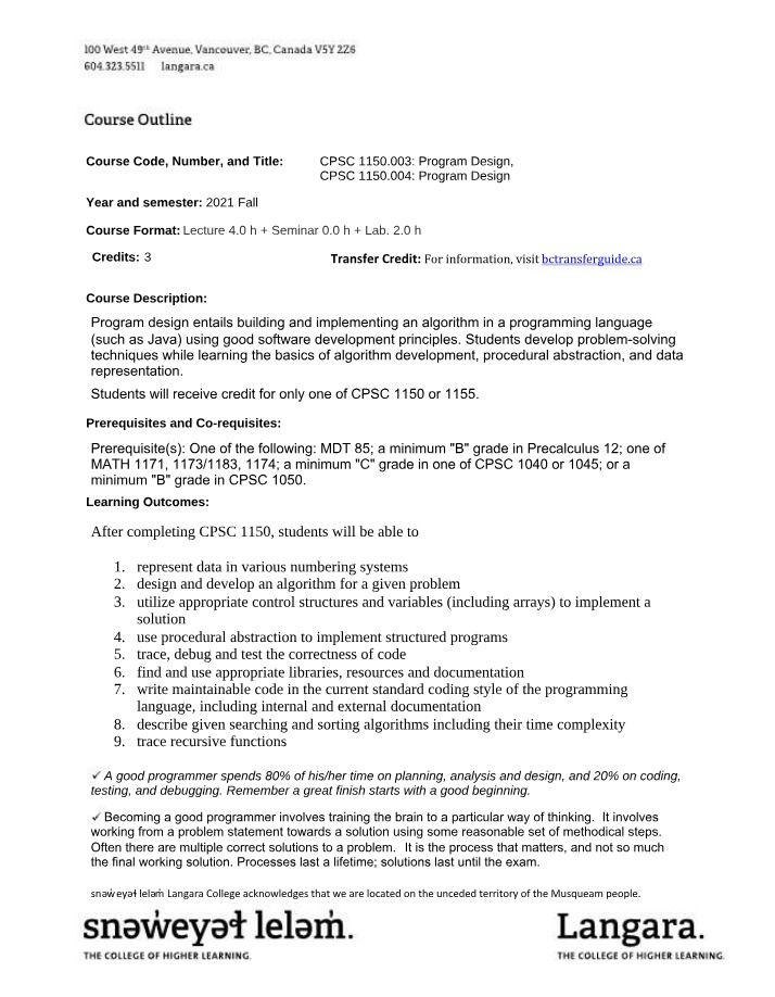 CPSC 1150 - Course Outline