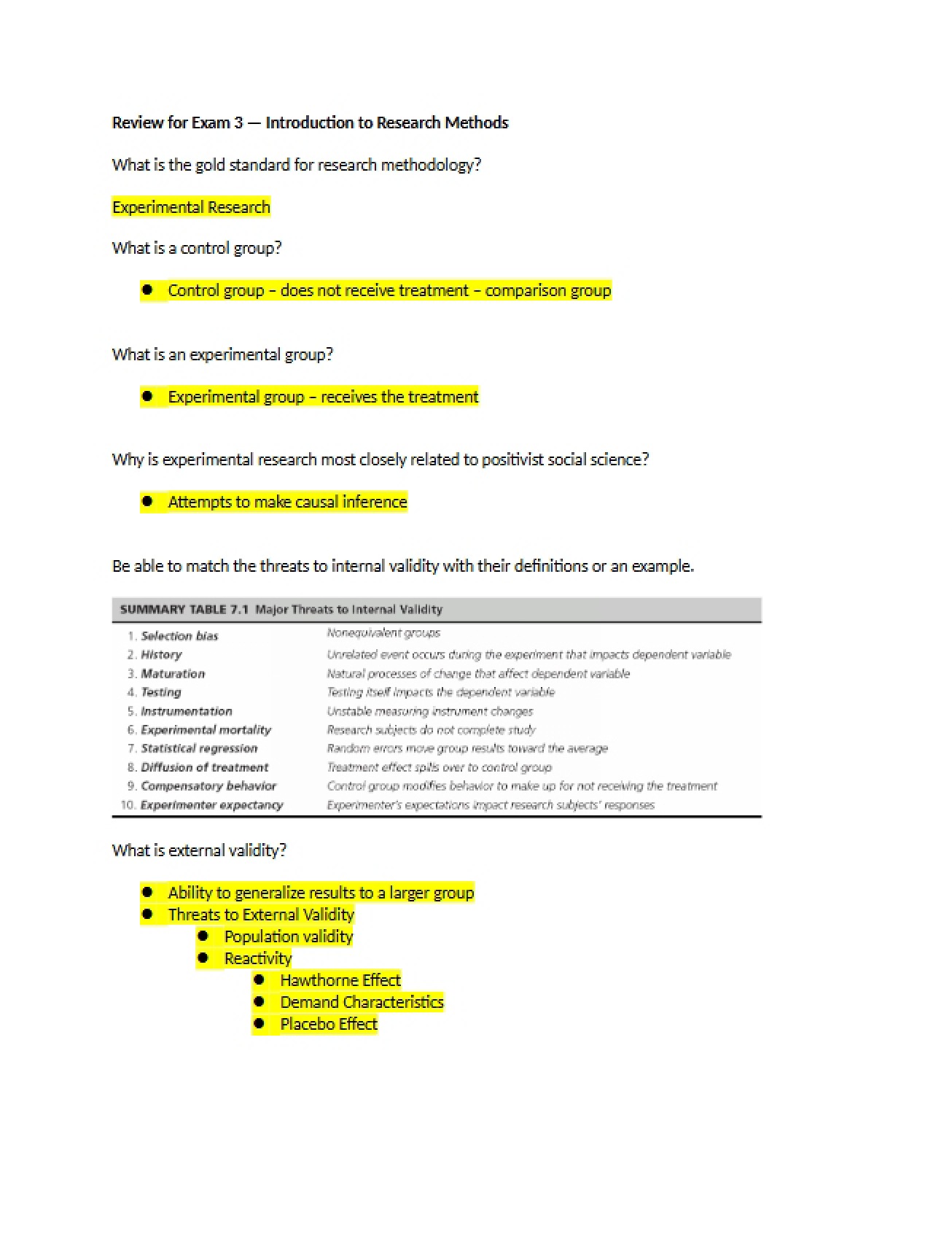Exam Three Review Research Methods