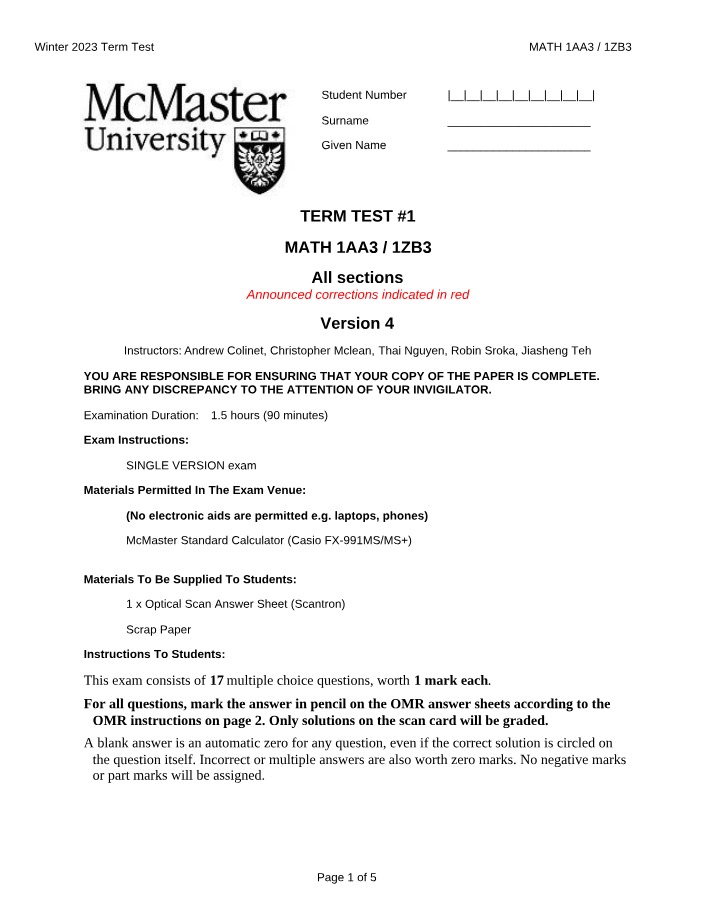MATH 1AA3 - 1ZB3 Winter 2023 Term Test - Version 4