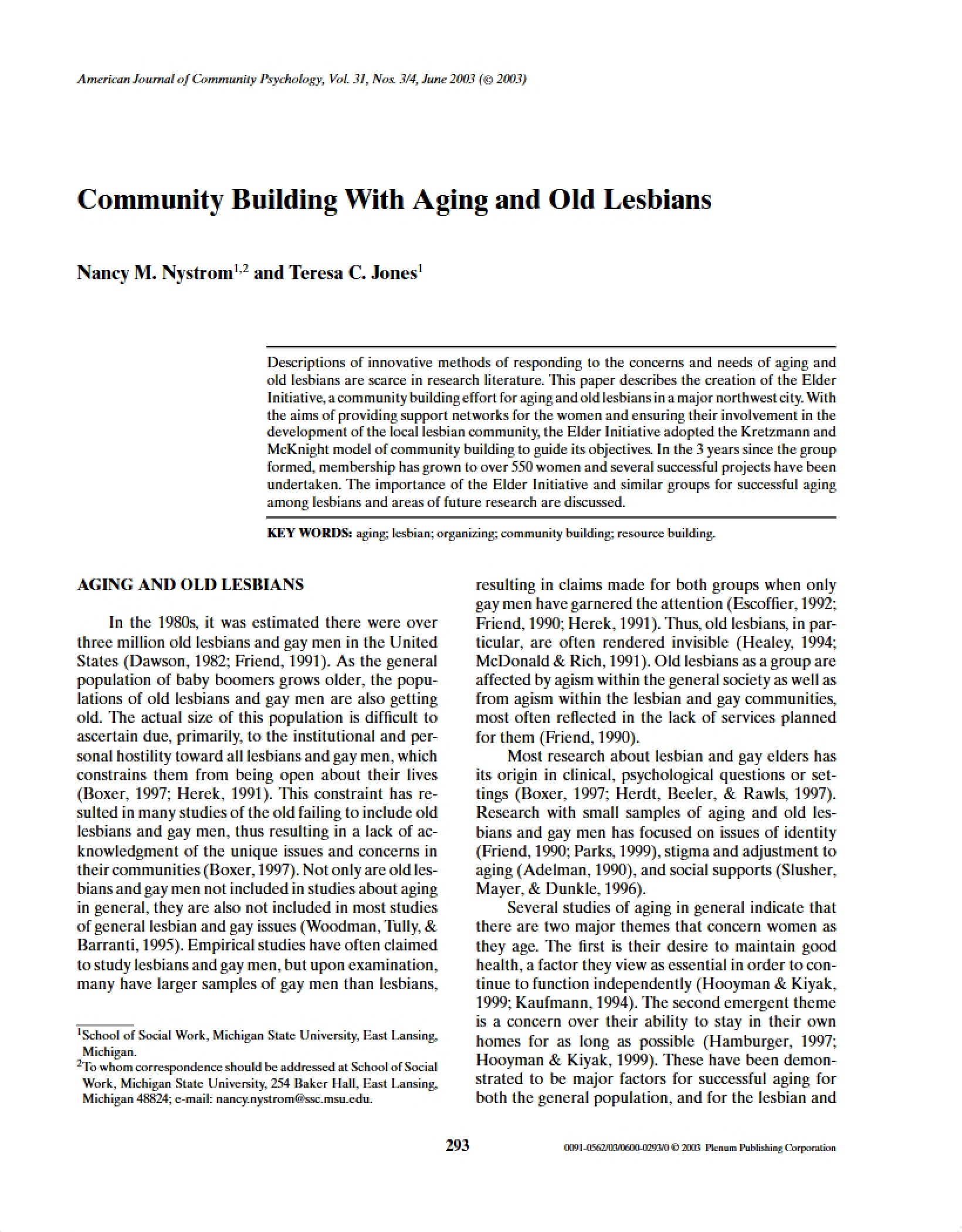 Aging and Old Lesbians Community Building