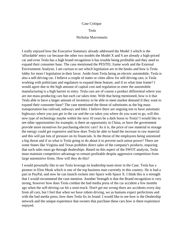 Tesla Case Critique