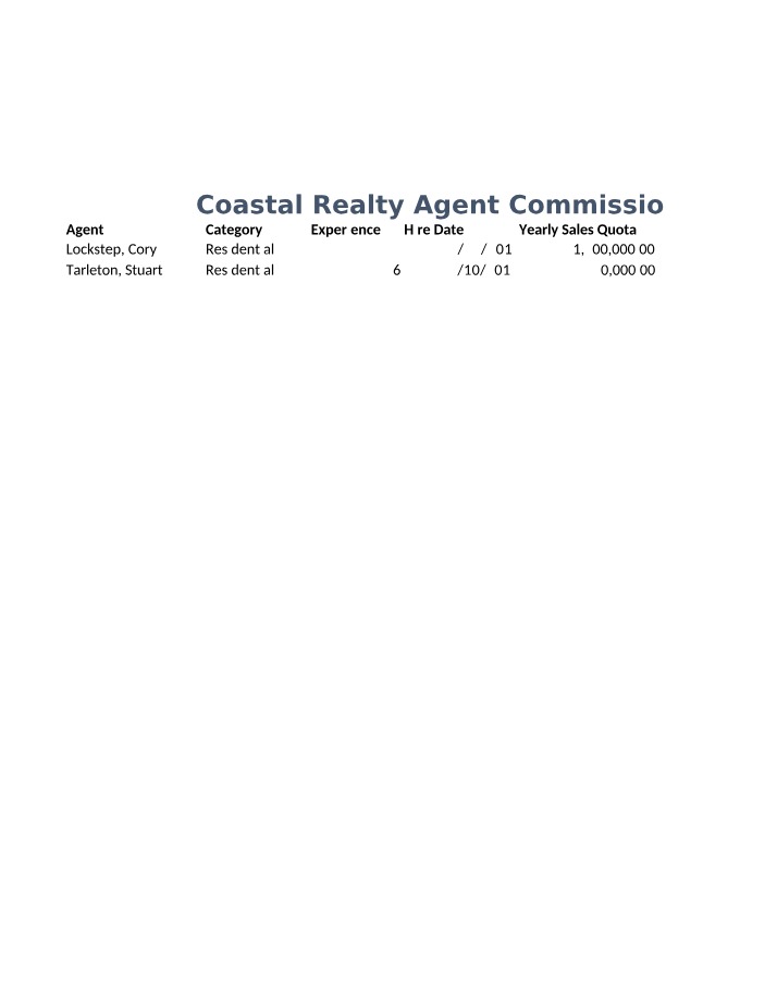 Coastal Realty Agent Commission Table Reference