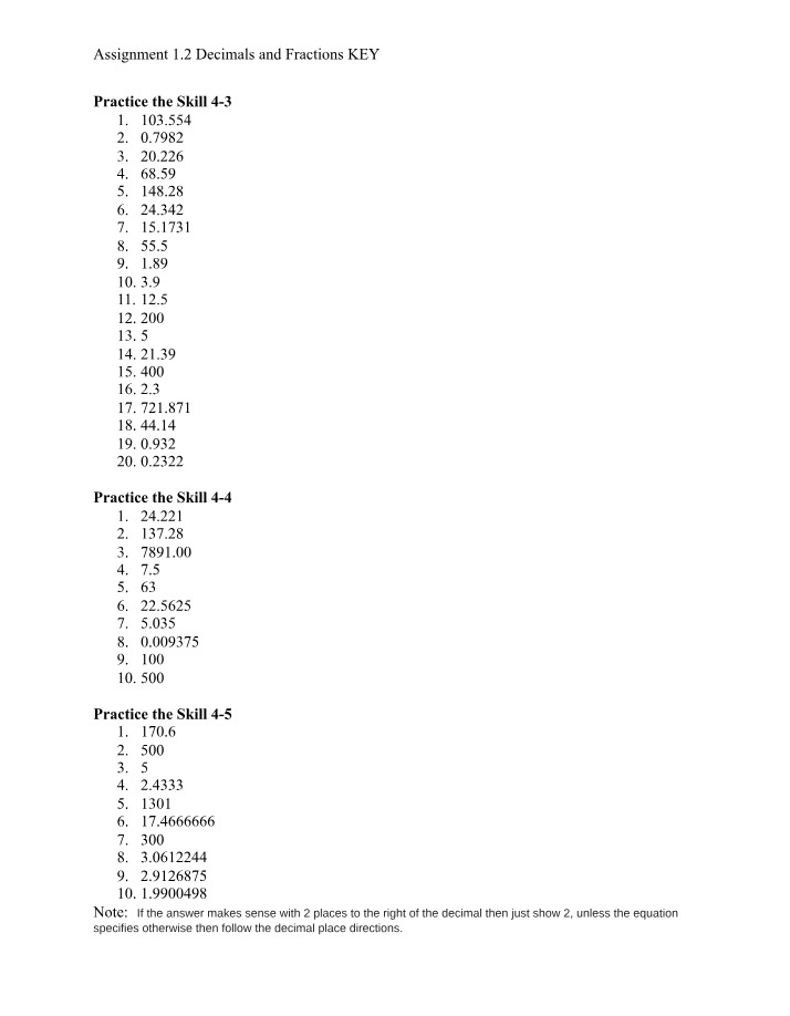 Decimals and Fractions Key - Assignment 1.2