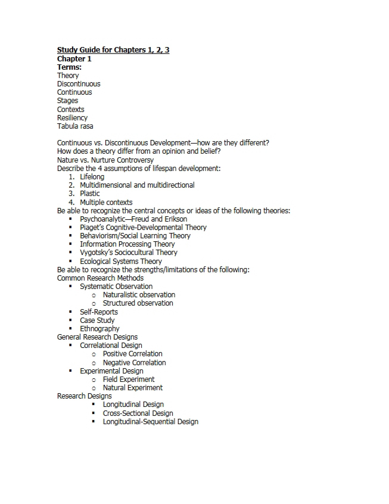 Study Guide for Chapters 1, 2, and 3 of a Human Development Course
