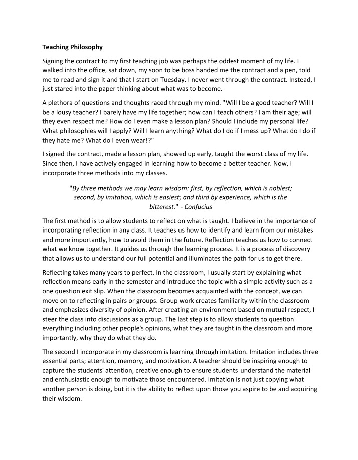 Teaching Philosophy - Encouraging Reflection and Imitation