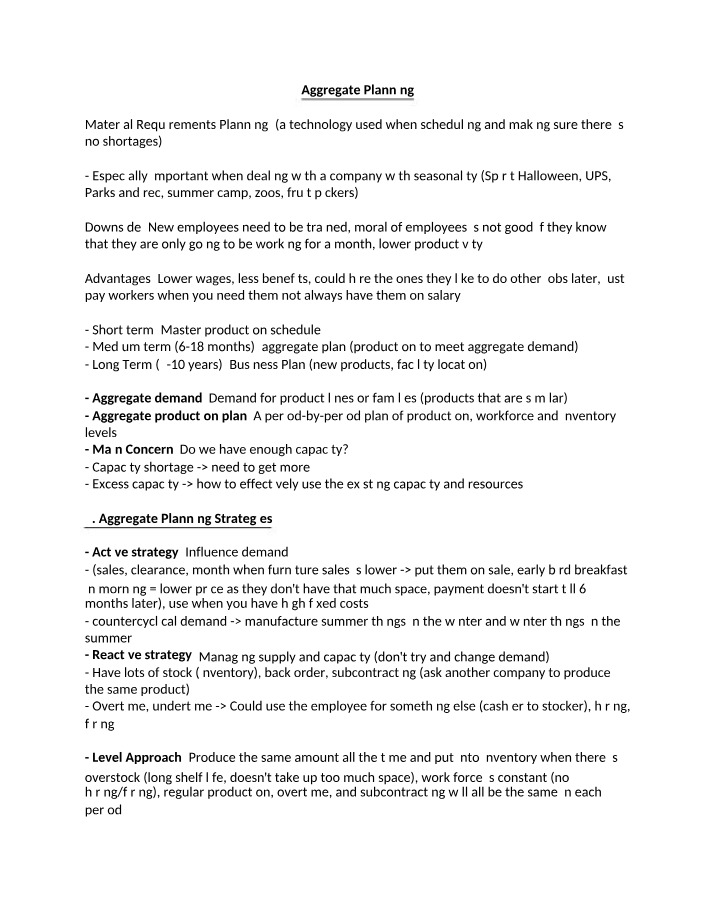 Aggregate Planning and Capacity Notes