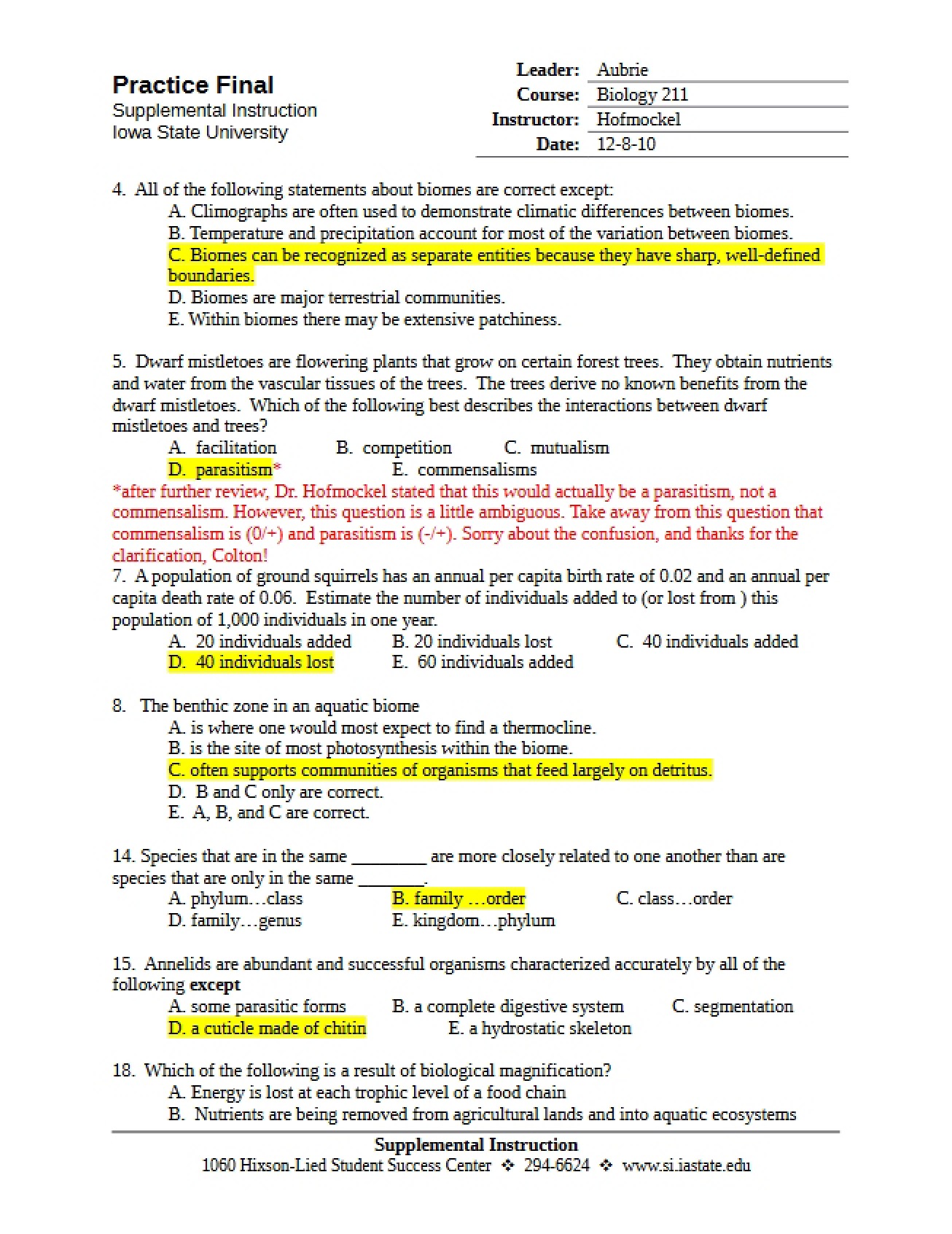 Answers to the Practice Final Examination