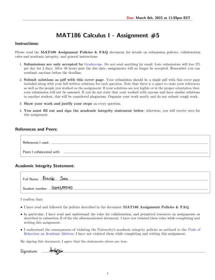 Calculus I - Assignment 5 Submission Policies