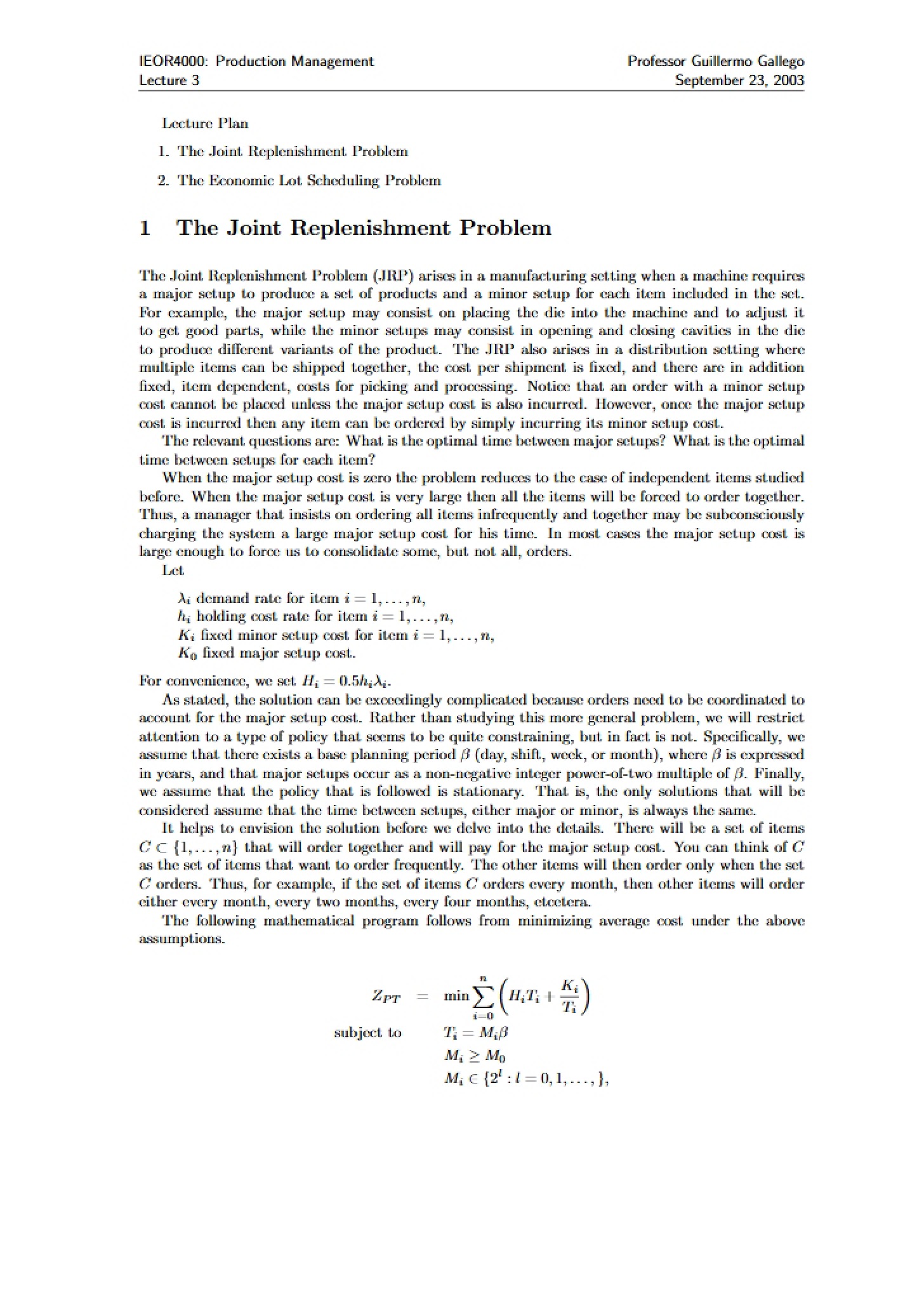 Problem of Joint Replenishment