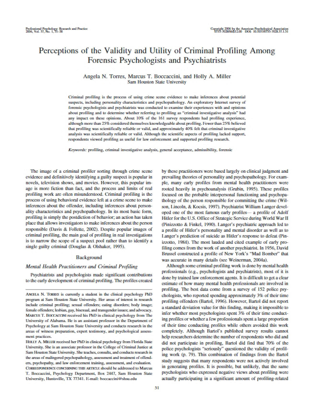 Criminal Profiling Validity and Utility Perceptions