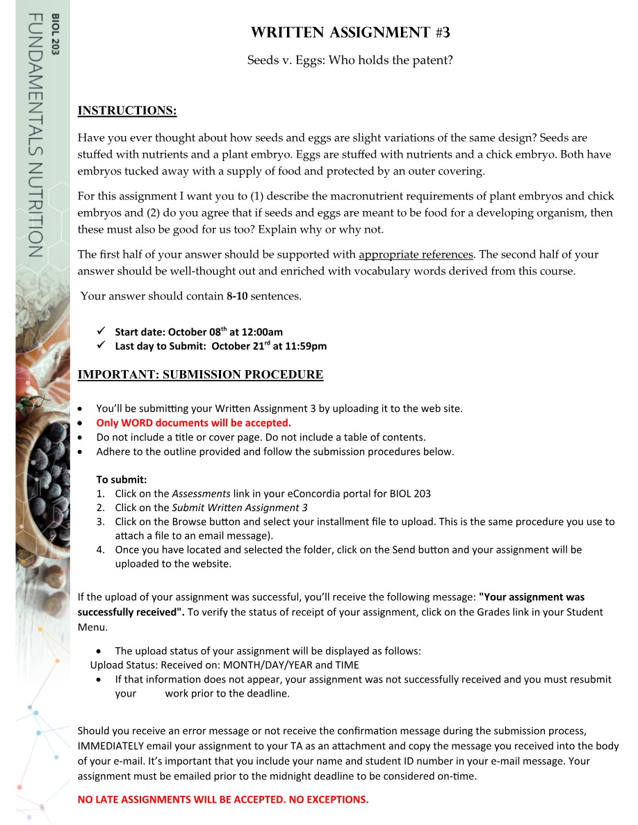 Written Assignment 3 for BIOL 203 Fundamentals of Nutrition