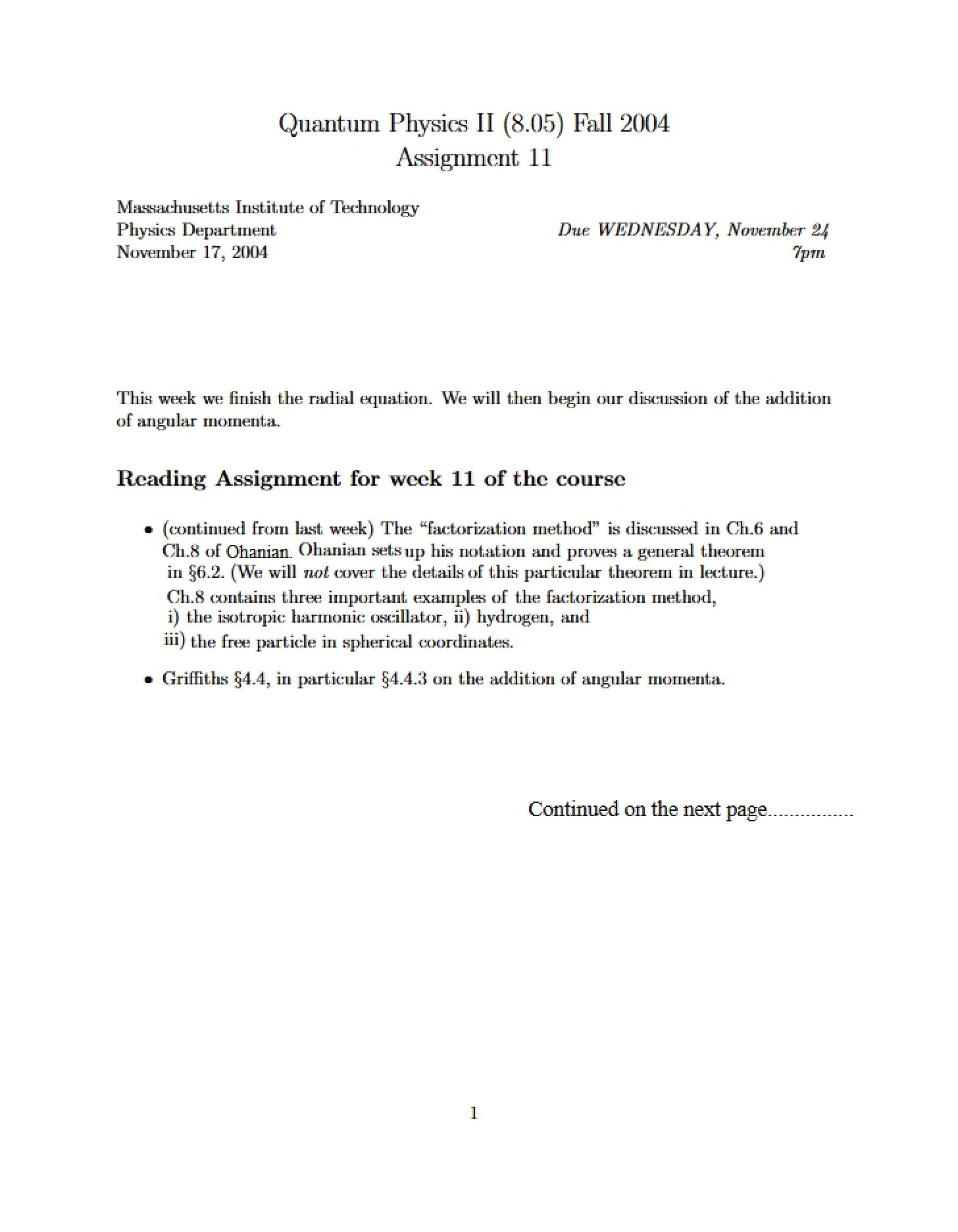 Eleventh Problem Set