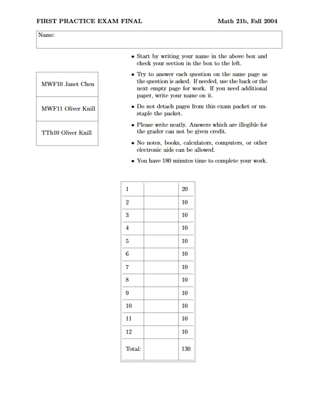 Initial Final Exam Practice