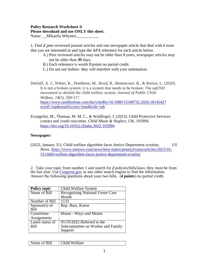 Worksheet for Policy Research