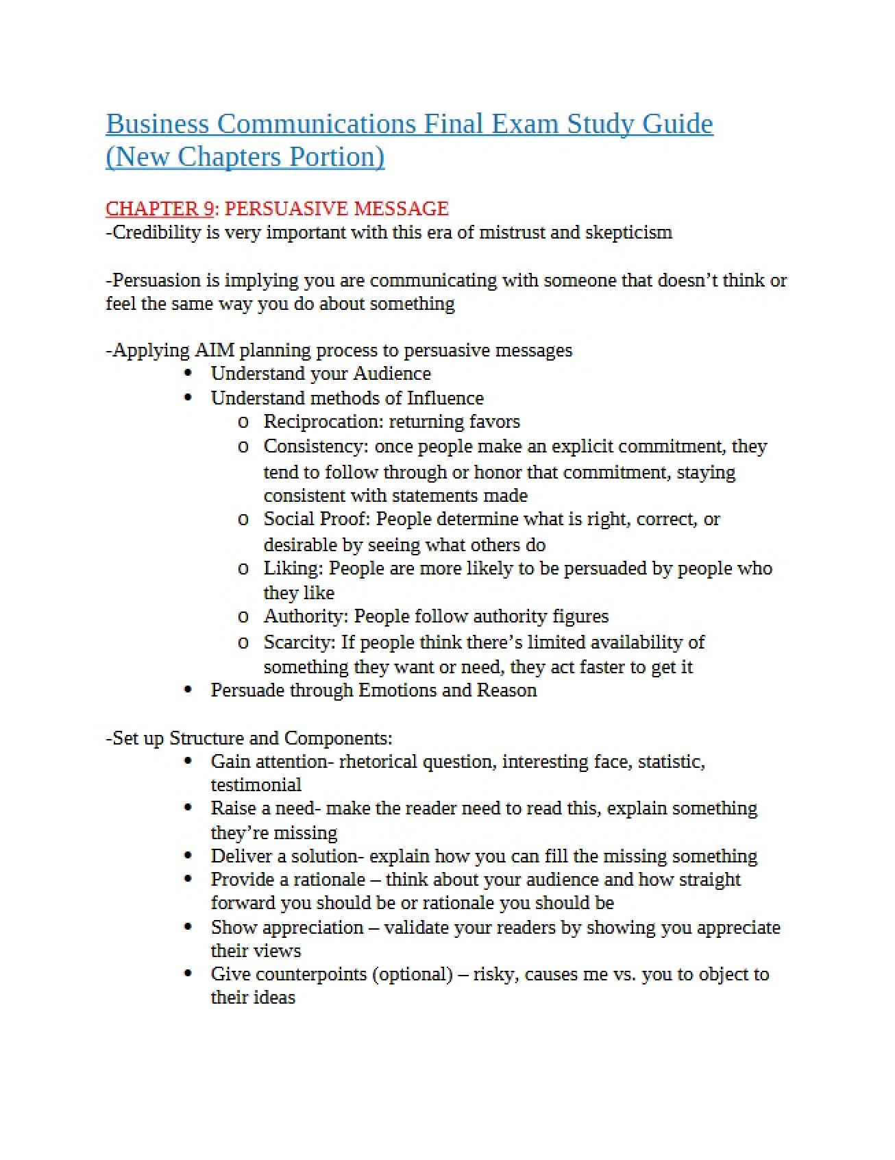 Final Exam Study Guide for Business Communications