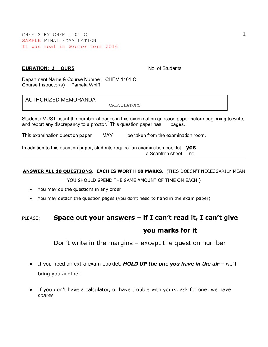 Sample Final Examination for CHEM 1101 C