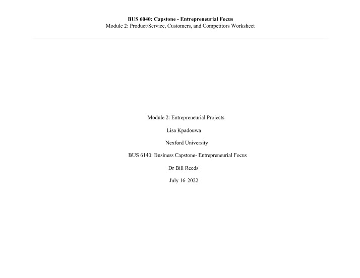 Module 2 Worksheet - Product, Service, Customers, and Competitors
