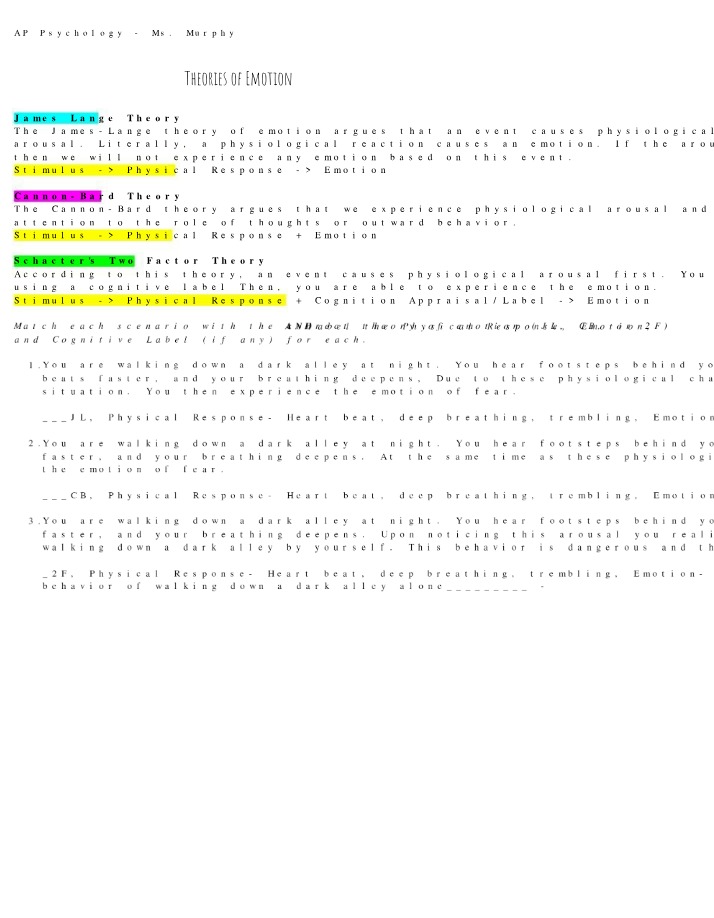 Worksheet - Theories of Emotion