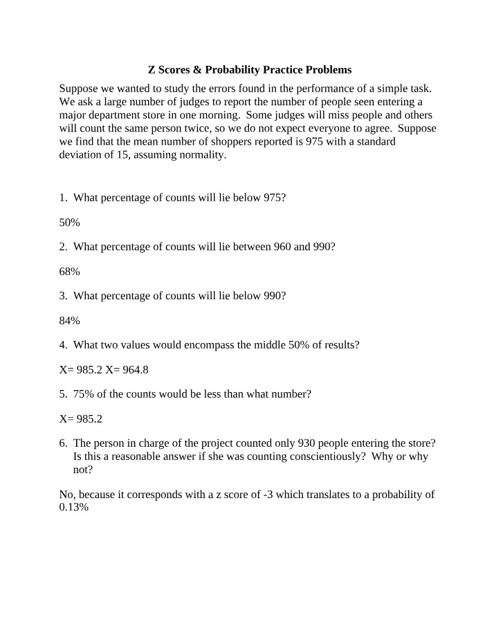 Practice Problems on Z Scores and Probability